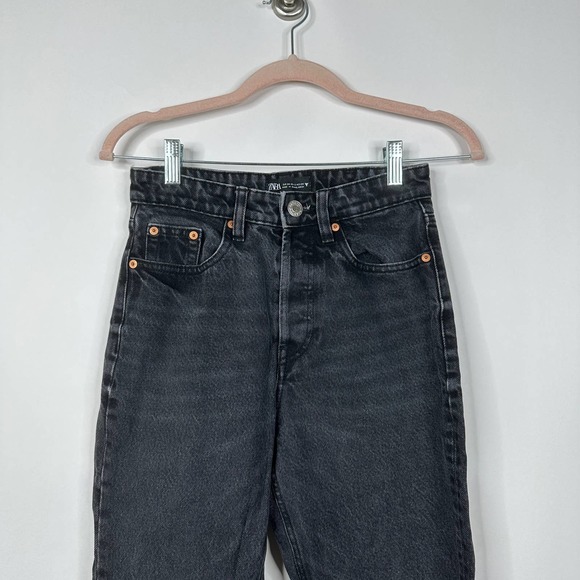 ZARA High Rise Straight Leg Jeans 2 Black Rinse Raw Hem #7578 - Picture 3 of 10